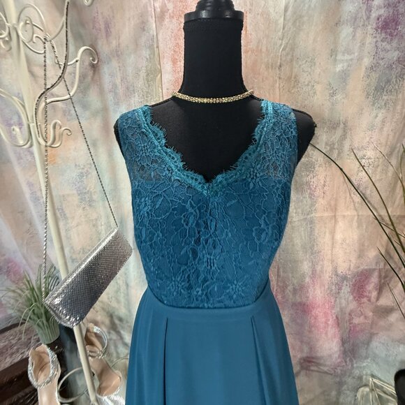 📌Azazie Lace Ink Blue Chiffon Formal - Bridesmaid Dress with Keyhole Backside - Picture 3 of 16